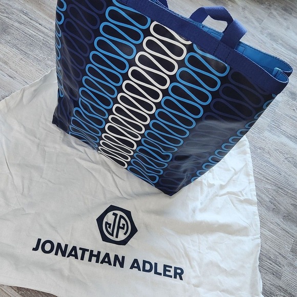 Jonathan Adler White Navy Feather Medallion 2 Sided Beach Talulla Large Tote NWT - Picture 6 of 16